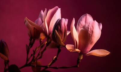  a close up of a pink flower on a branch with a purple background.  generative ai