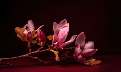  a branch with pink flowers on a dark background with a red background.  generative ai