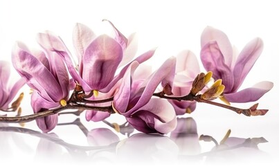  a branch of purple flowers on a white background with reflections.  generative ai