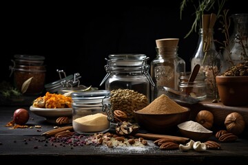  a table topped with lots of different types of spices and jars.  generative ai