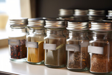  a row of glass jars filled with different types of spices.  generative ai