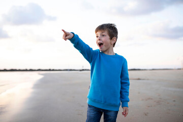 Surprised child stretched out his hand forward, pointing his finger, sea and the sky with clouds in...