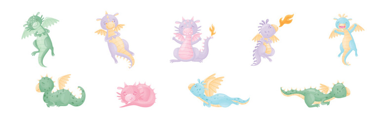 Cute Dragons as Horned and Winged Four-legged Creature from Fairytale Vector Set