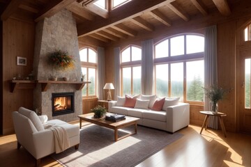 Fototapeta na wymiar Chalet interior of wooden living room with fireplace. Generative AI