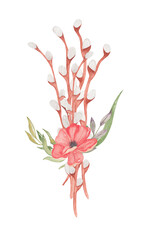 Watercolor illustration of willow branch with pink flower and leaves on transparent background