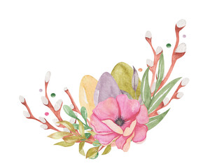  Watercolor illustration of willow branch with pink flower, leaves and easter eggs on transparent background