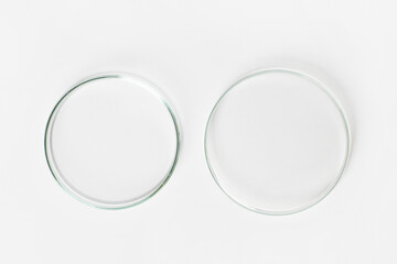 Two empty Petri dishes on a light background.