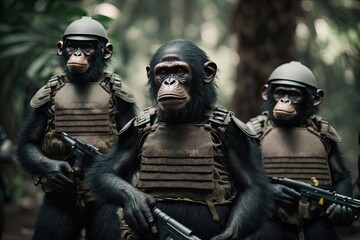 Naklejka premium Chimpanzee soldiers with guns going through the jungle. Generative AI