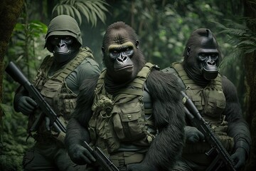 Fototapeta premium Gorillas soldiers with guns going through the jungle. Generative AI