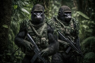 Fototapeta premium Gorillas soldiers with guns going through the jungle. Generative AI
