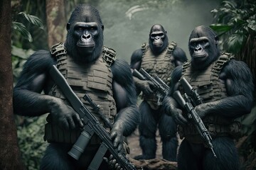 Gorillas soldiers with guns going through the jungle. Generative AI