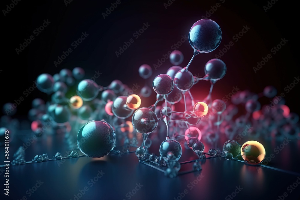 Poster a bunch of balls and chains on a black surface with a red and blue background. generative ai