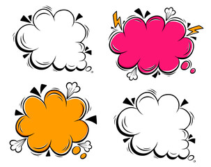 Collection of empty hand drawn speech bubbles in retro comic style isolated on white background. Doodle cartoon style colourful vector elements. Vintage, pop art style. 