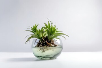  a plant in a glass vase with water and air plants.  generative ai
