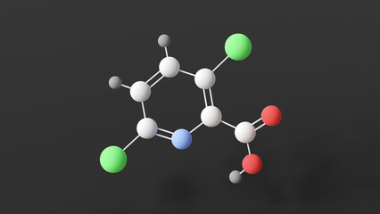 clopyralid molecule, molecular structure, Selective herbicide, ball and stick 3d model, structural chemical formula with colored atoms