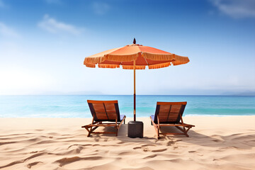 two lounge chairs under an umbrella on a beach