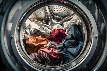 Washing machine drum filled with clothes to be washed, laundry day, generative ai