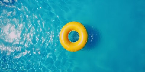 Yellow inflatable ring in blue water pool, summer background, travel, vacation, generative ai illustration - obrazy, fototapety, plakaty