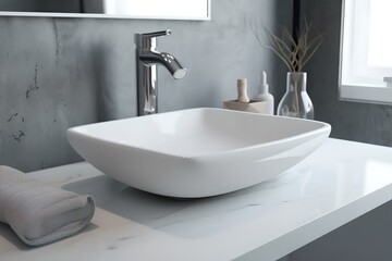 Modern elegant bathroom interior with vessel sink, generative ai