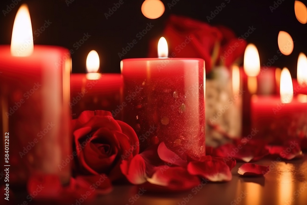 Poster a group of candles with red roses on the table next to them. generative ai