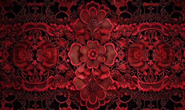  a red and black wallpaper with a flower design on it.  generative ai
