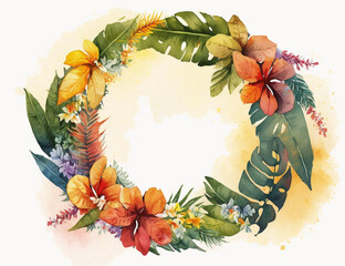 Watercolor tropical floral hawaiian garland as frame. Concept for Lei Dai, National Hawaii Day or Statehood Day. Generative AI