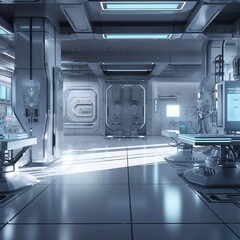 Fototapeta premium Futuristic laboratory, with sleek metal surfaces, holographic screens, and complex machinery AI Generative