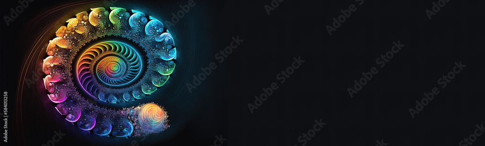 Poster card with colorful spiral, fantasy color swirls on dark background, copy space with surreal fractal,