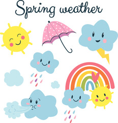 Spring weather - clouds, sun rainbow on white background. Spring concept. Weather forecast and funny emotion. Meteorology and season. Features weather and acute cartoon face. Vector flat illustration.