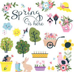 Cute cartoon springtimes items such as flowers, gardening tools, and animals with the text - spring is here