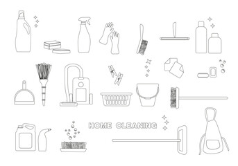 Tools for cleaning. Set icons concept in flat line design. Tools and instruments for quick and high quality cleaning. Vector illustration. House cleaner equipment icons set. Outline set of house clean