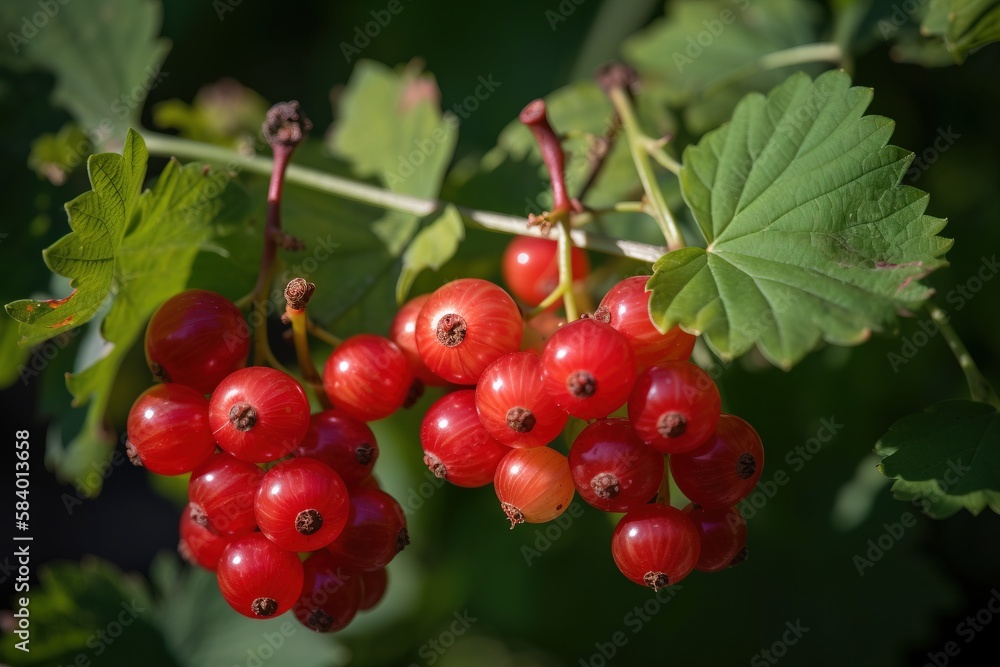 Poster a bunch of red berries hanging from a green leafy tree. generative ai