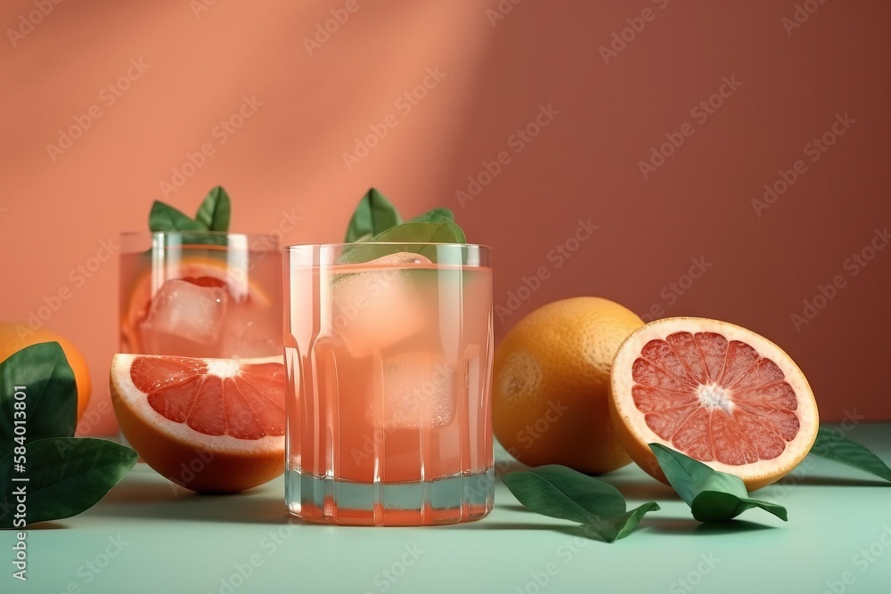 Poster two glasses of grapefruit and a grapefruit on a table. generative ai