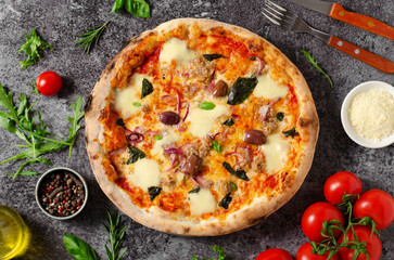 Tuna Pizza, Freshly Baked Pizza with Tuna, Mozzarella, Onion, Basil and Olives on Dark Background