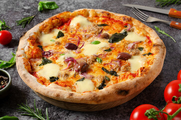 Tuna Pizza, Freshly Baked Pizza with Tuna, Mozzarella, Onion, Basil and Olives on Dark Background