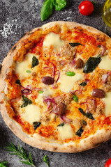 Tuna Pizza, Freshly Baked Pizza with Tuna, Mozzarella, Onion, Basil and Olives on Dark Background