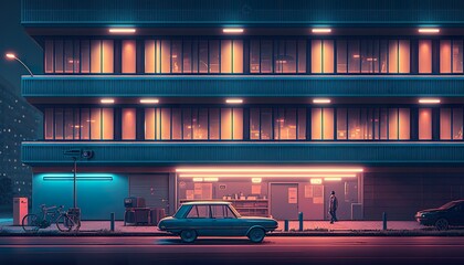 Synthwave hotel 80s style . Creative illustration. (Ai Generate)
