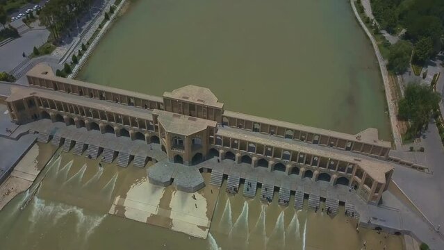 Isfahan, Iran - Khaju bridge over Zayandeh river (aerial photography)