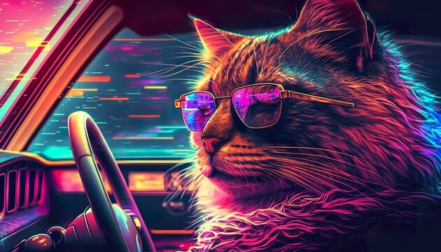 Cat with sunglasses driving synthwave . Creative illustration. (Ai Generate)