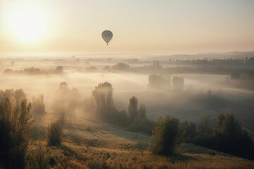 balloon over the river with trees and fog