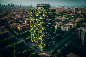 Drone view of Bosco Verticale Milano, Modern Verticle eco friendly building, Porta nuova Residential building district, generative ai