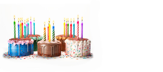 birthday cakes with candles isolated on white, generative ai
