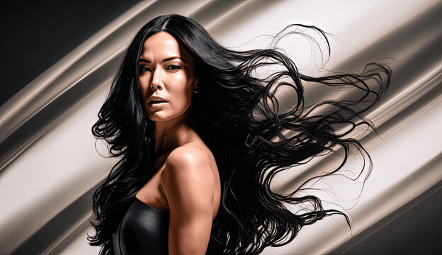Beautful women photo with long black hair for hair care product, oil hair products for backgrounds, banners, wallpapers, posters and covers. Generative AI
