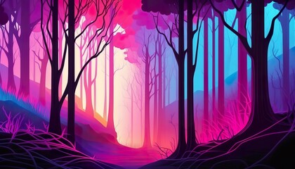 Colorful fantasy glowing forest retrowave . Creative illustration. (Ai Generate)