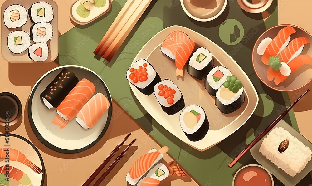 Poster  a table topped with plates of sushi and chopsticks.  generative ai