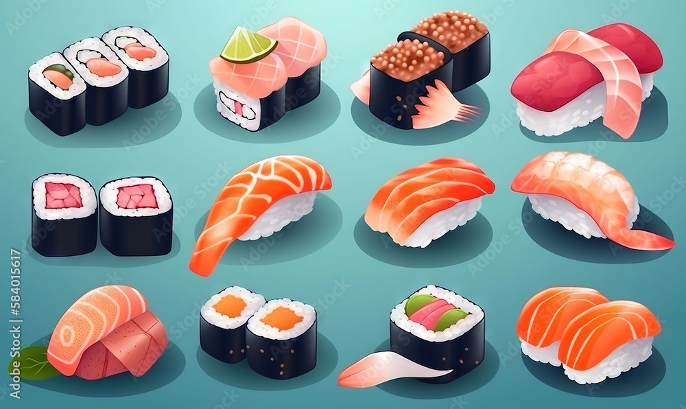 Poster a set of sushi icons on a blue background with a shadow. generative ai