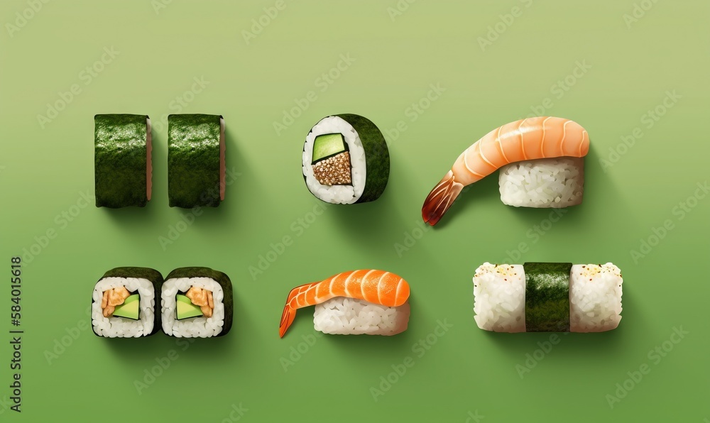 Poster  sushi is arranged on a green surface with a green background.  generative ai