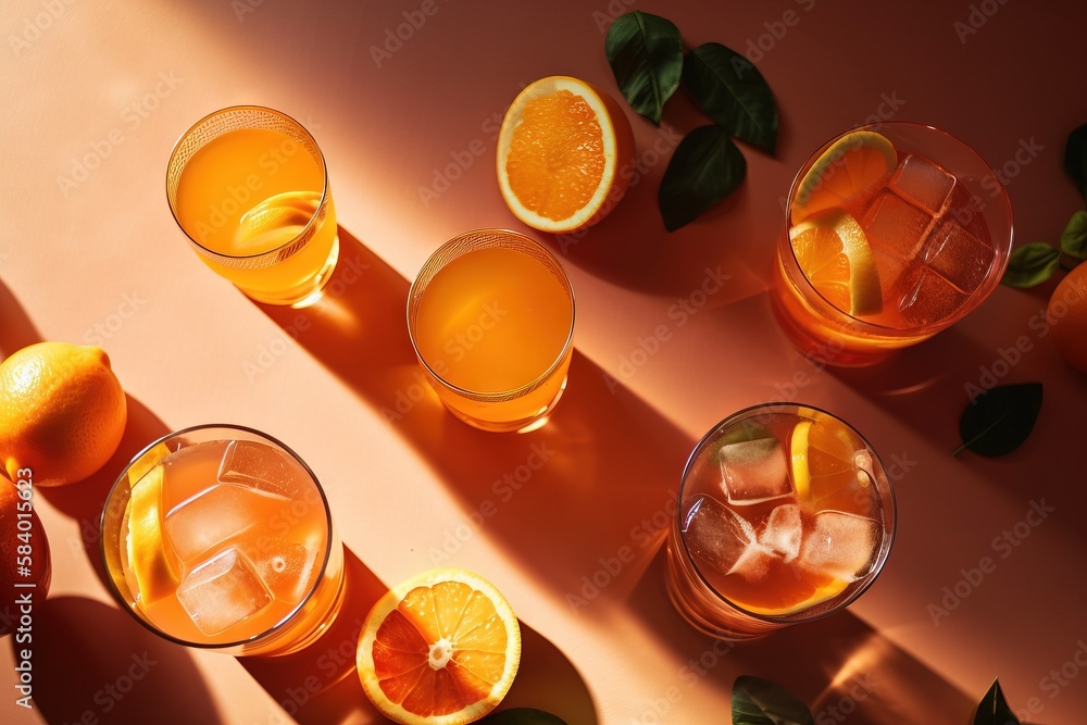 Poster a table topped with glasses filled with orange juice and sliced oranges. generative ai
