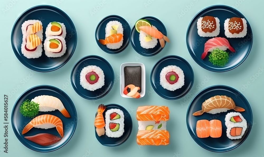 Poster a group of blue plates filled with different types of sushi. generative ai