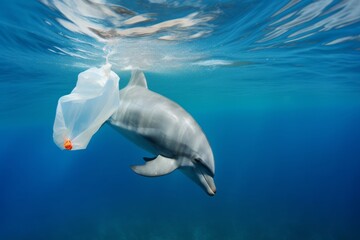 dolphin swimming at the bottom of the sea with plastic bag. Underwater animals damaged by garbage in the water. ecological catastrophe. Plastic pollution in the ocean, generative ai